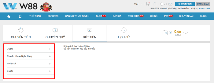 chọn cách rút tiền W88